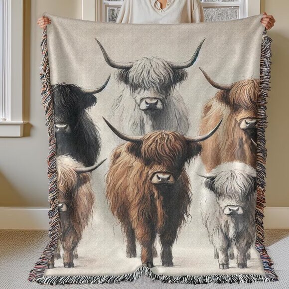 Other - Highland Cow Cotton Woven Throw Blanket Fringe Farmhouse Rustic Decor